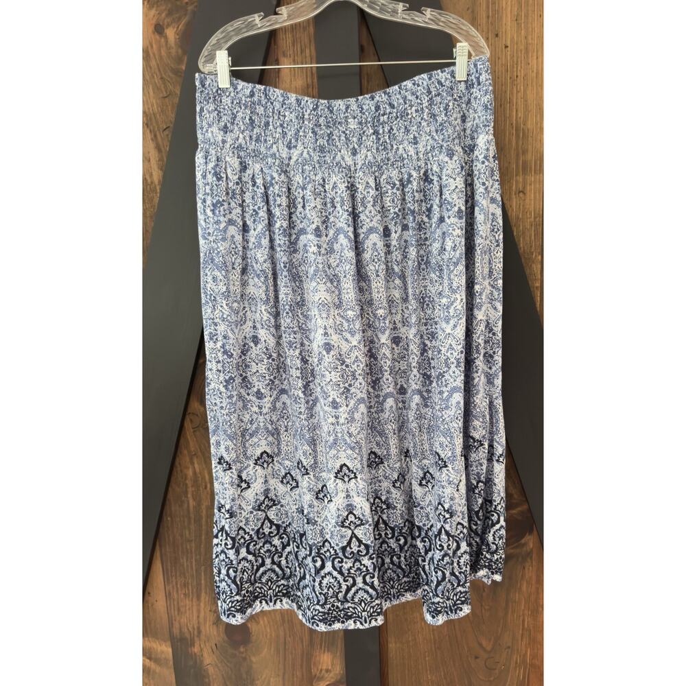 J Jill Smocked Waist Floral Midi Skirt Blue & White Boho L - Picture 2 of 7